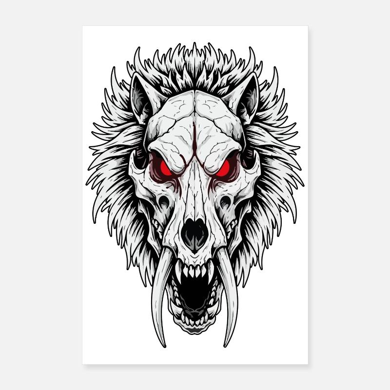 Schamanischer Säbelzahn-Wolfsschädel Rote Augen Poster 40x60 cm