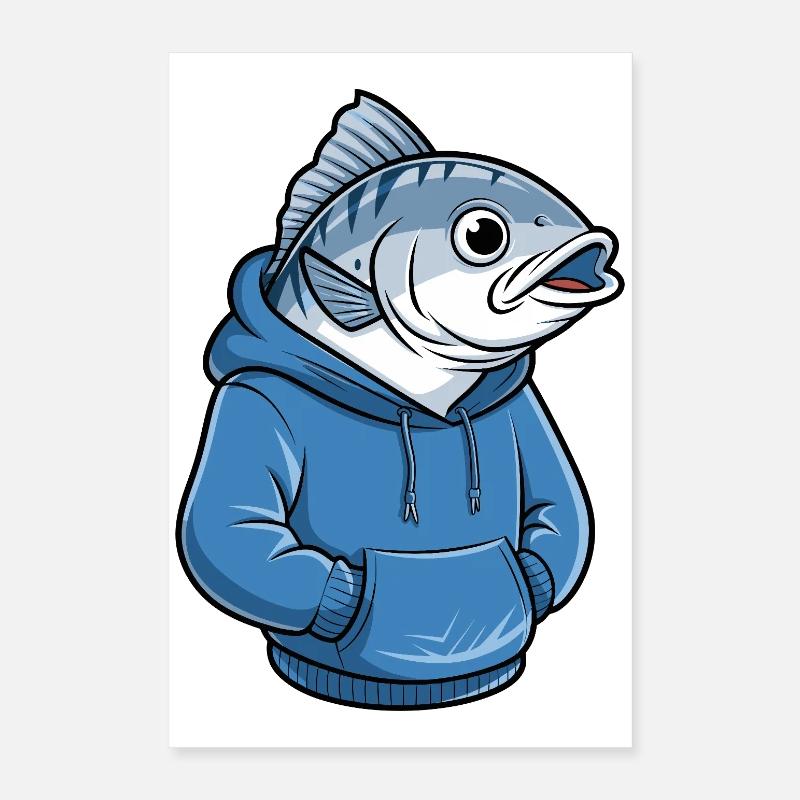 Dessin animé drôle de poisson-pêcheur avec un sweat à capuche Poster 40 x 60 cm
