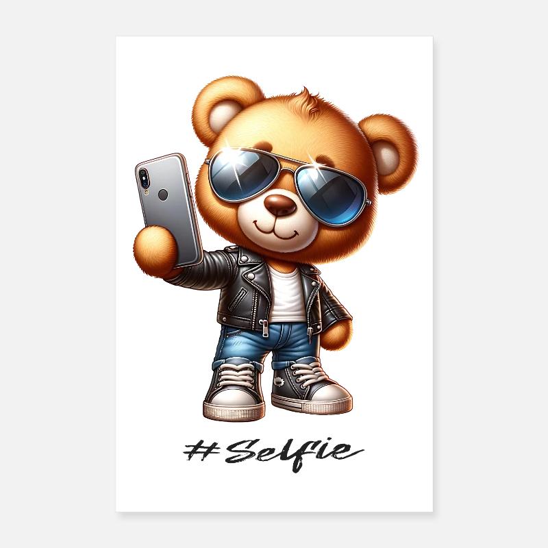 Selfie Bear With Leather Jacket Sunglasses Poster 16" x 24" (40x60 cm)