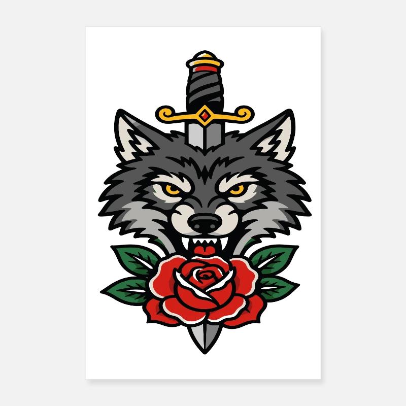 Fierce wolf dagger and pink style tattoo Poster 16" x 24" (40x60 cm)