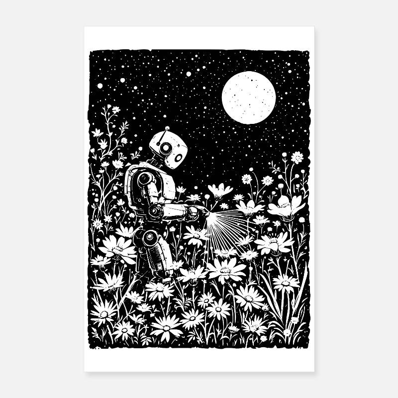 Robot Watering Glowing Flowers Poster 16" x 24" (40x60 cm)