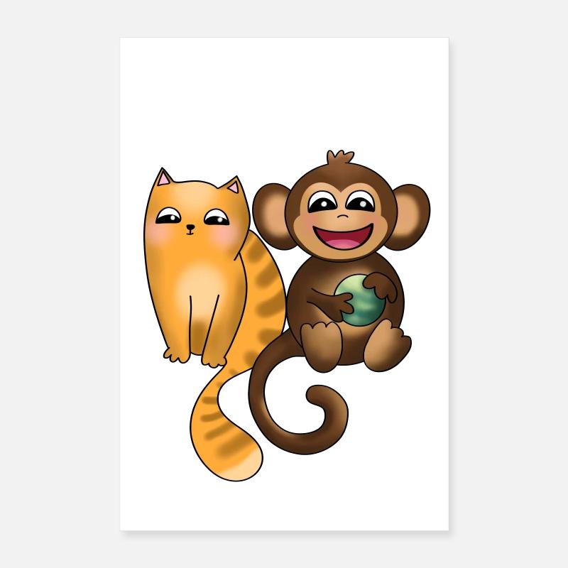 Petit chat et singe grimpeur avec balle Poster 40 x 60 cm