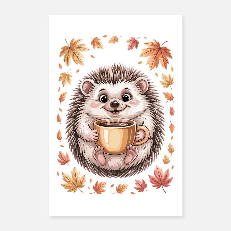 Herbstlicher Igel mit Kaffeebecher Poster 40x60 cm