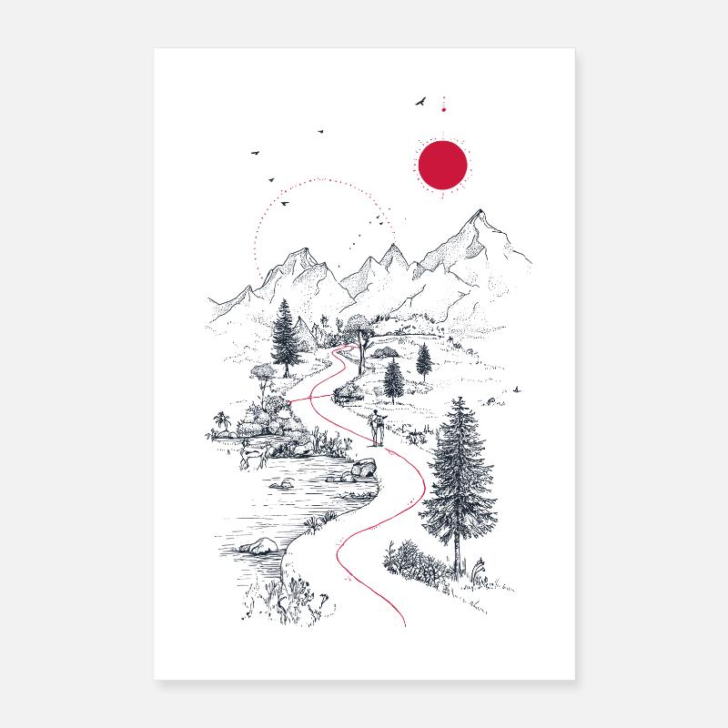 Red trail through mountain landscape Poster 16" x 24" (40x60 cm)