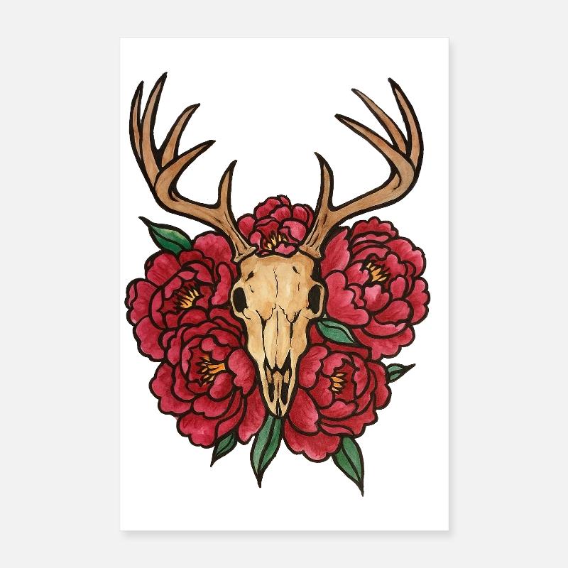 Geweih-Schädel und Pfingstrosenblüte Poster 40x60 cm