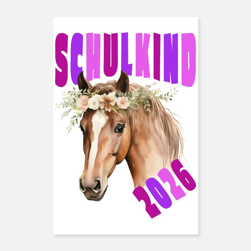 Pferd - Schulkind 2026 - Einschulung - Blumen pink Poster 40x60 cm