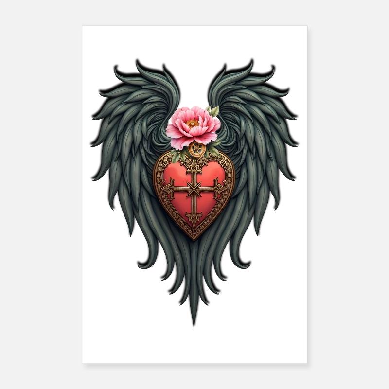 Coeur avec des ailes et une fleur rose Poster 40 x 60 cm