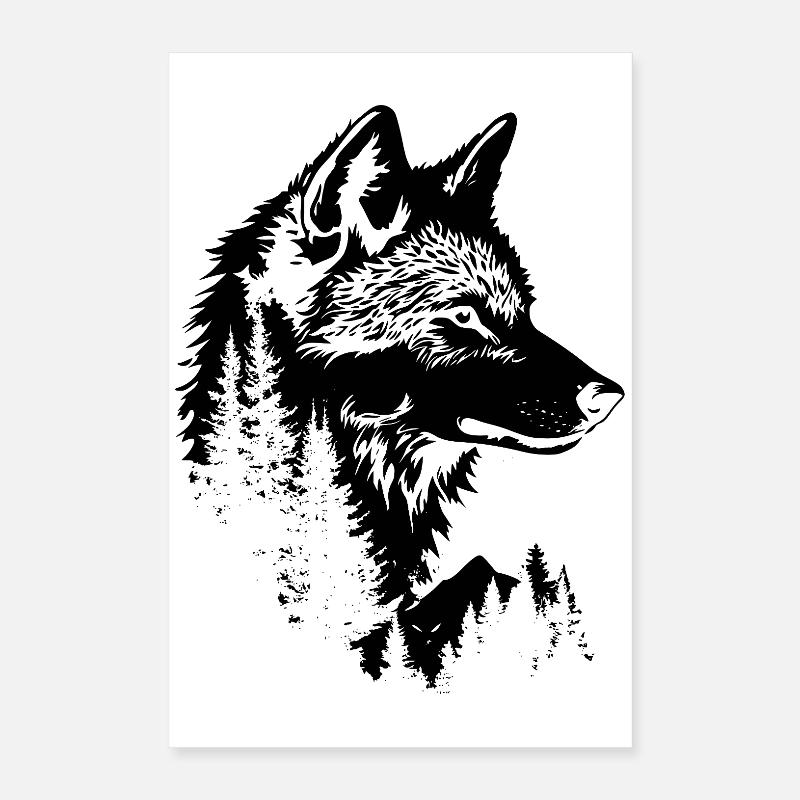 Silhouette de forêt de visage de loup Poster 40 x 60 cm