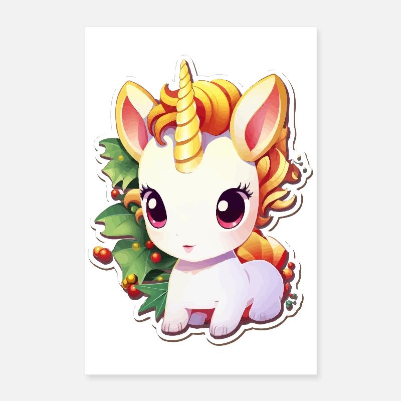 Licorne dans la forêt de fête avec du gui Poster 40 x 60 cm