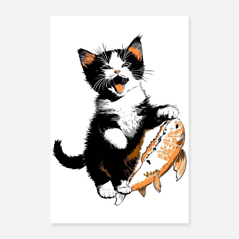 Chaton avec Big Salmon – Kitty with Fish Poster 40 x 60 cm