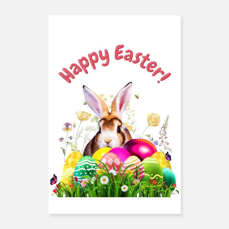 Süßer Osterhase mit bunten Eiern - Poster 40x60 cm - Weiß