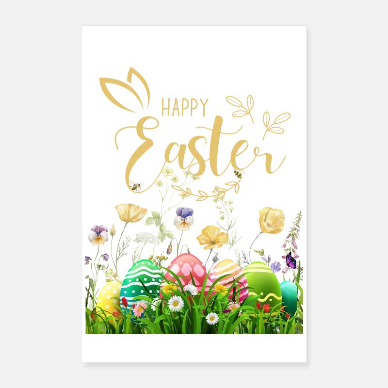 Goldenes Osterfest - Blumen und Eier Poster 40x60 cm
