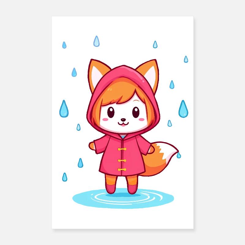 Little Chibi Fox in Raincoat Poster 16" x 24" (40x60 cm)