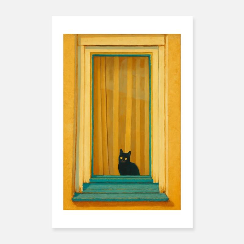 Cat in Turquoise Window Frame Poster 16" x 24" (40x60 cm)