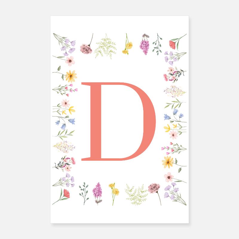 Floral initials "D", letters monogram Poster 16" x 24" (40x60 cm)