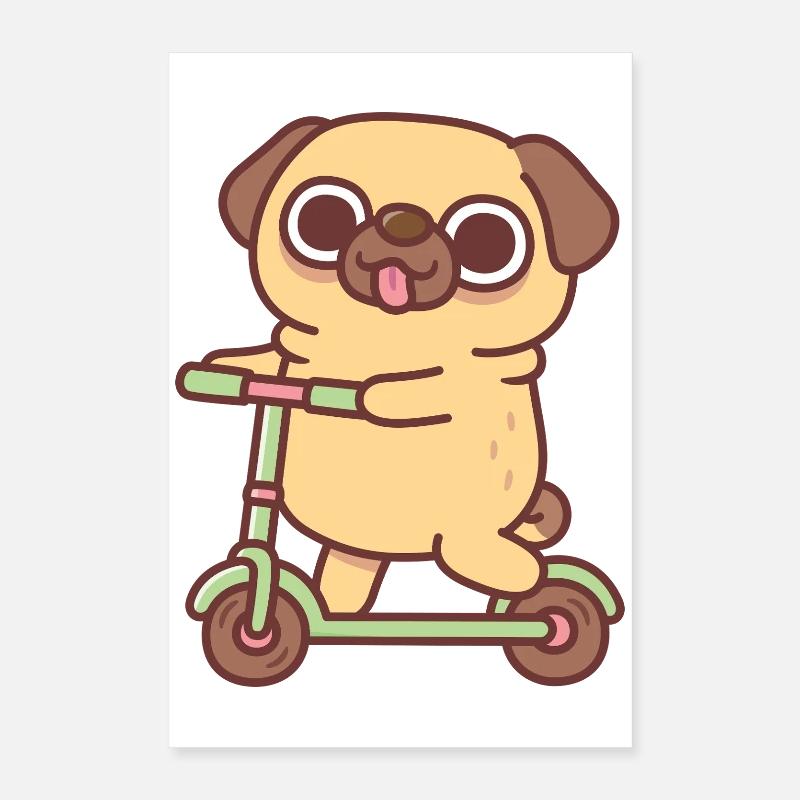 Süßer Mops spielt auf Tretroller Poster 40x60 cm