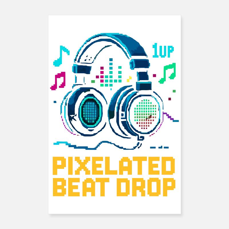 PIXELATED BEAT DROP Casque Pixel Rétro 1UP Poster 40 x 60 cm