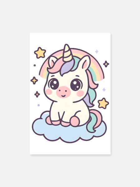 Licorne Kawaii sur Nuage Avec Étoiles Arc-en-Ciel - Poster 40 x 60 cm - blanc - Devant