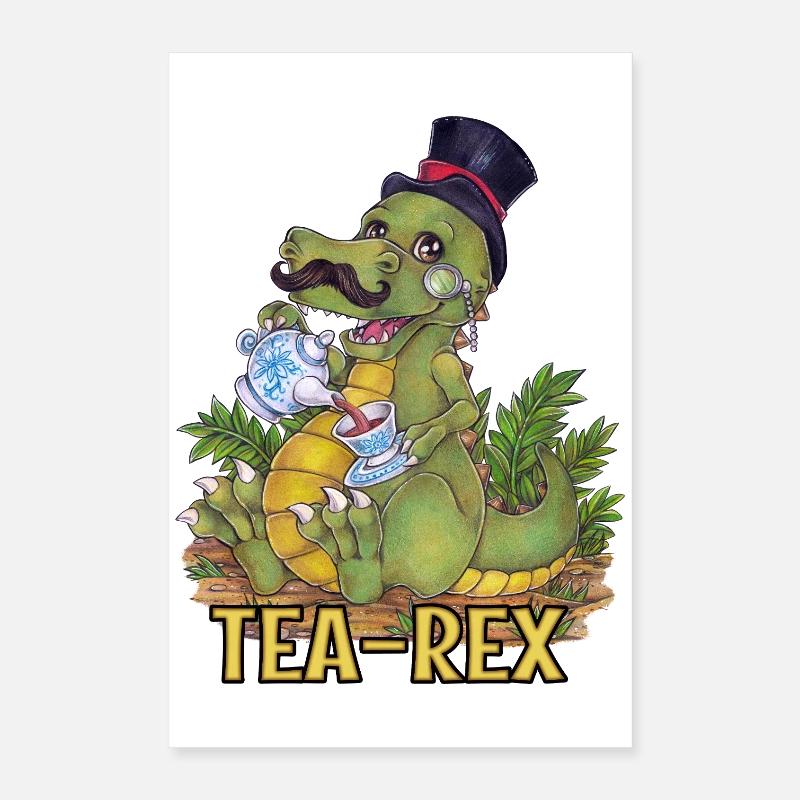 Drôle de jeu de mots Tea Rex Dino dessiné à la main Poster 40 x 60 cm