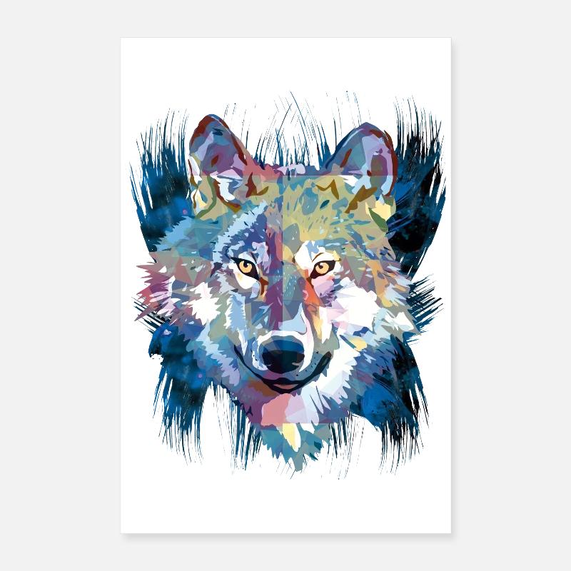 Polygon Wolf - Beautiful grey wolf in blue Poster 16" x 24" (40x60 cm)