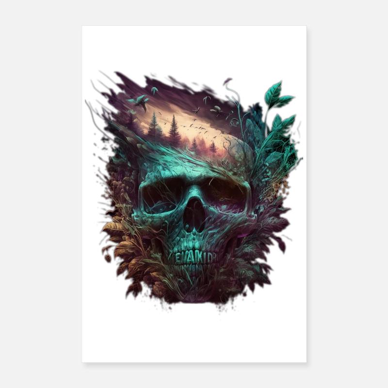 Neon Schädel Waldkunst Poster 40x60 cm