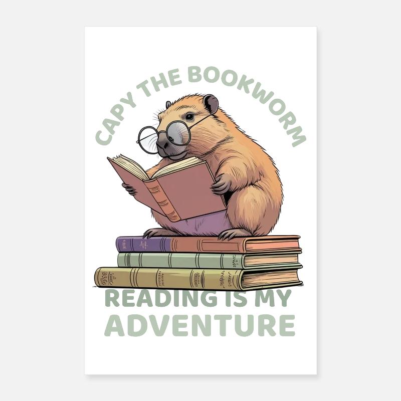 Capybara reading between stacks of books Poster 16" x 24" (40x60 cm)