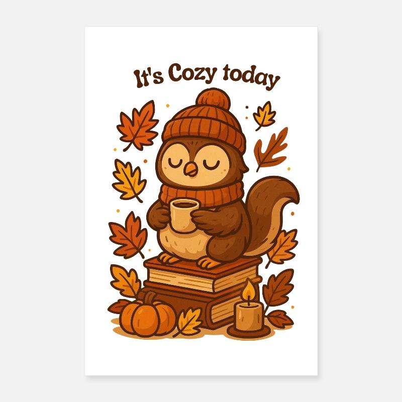 Gemütliche Herbst-Eule mit Tee Mütze  Poster 40x60 cm