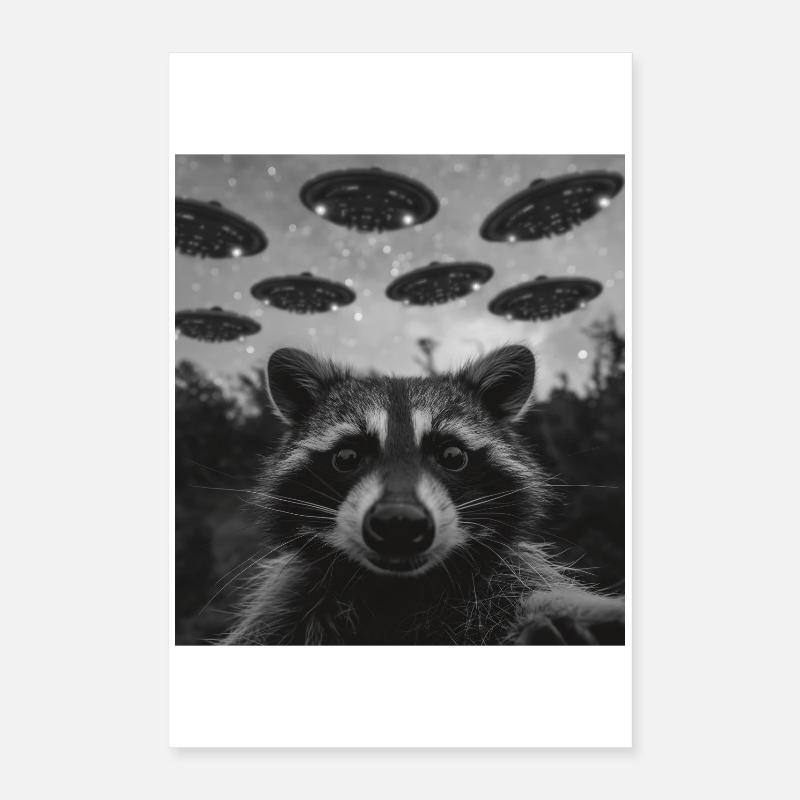 Selfie de raton laveur avec OVNI extraterrestre Poster 40 x 60 cm