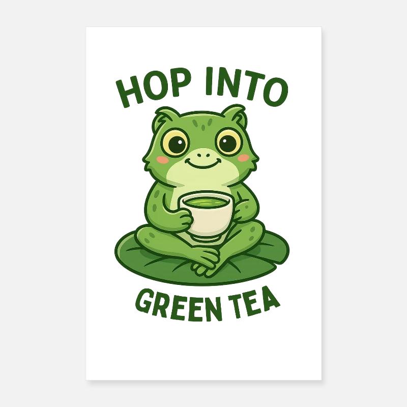 Green Frog Drinking Tea Animals Design Poster 16" x 24" (40x60 cm)