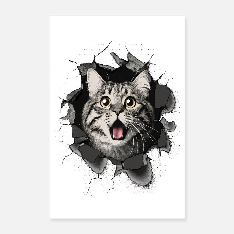 Katze erschrocken Mauer Durchbruch Risse  Poster 40x60 cm