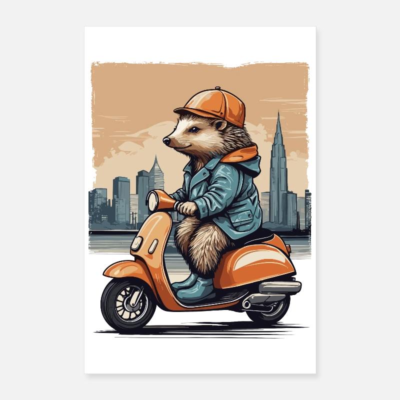 Cute hedgehog on scooter Poster 16" x 24" (40x60 cm)