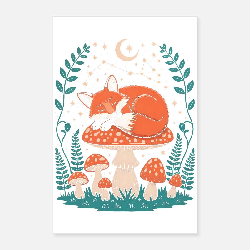 Sleeping Fox on Mushroom Under Starry Sky Poster 16" x 24" (40x60 cm)