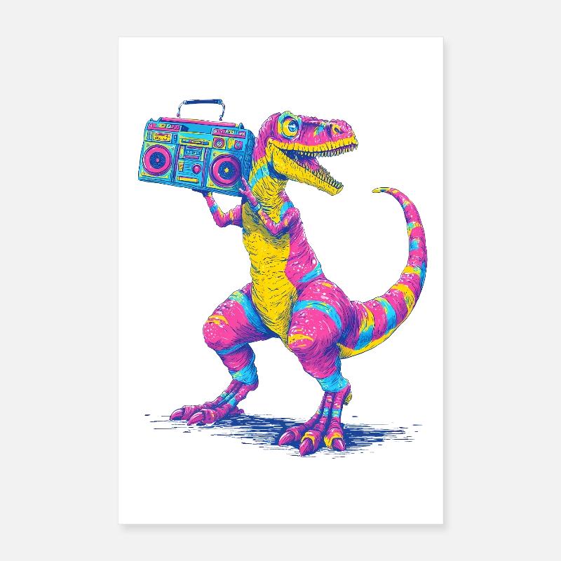 T-Rex mit Ghettoblaster im 90er Neon Stil Poster 40x60 cm