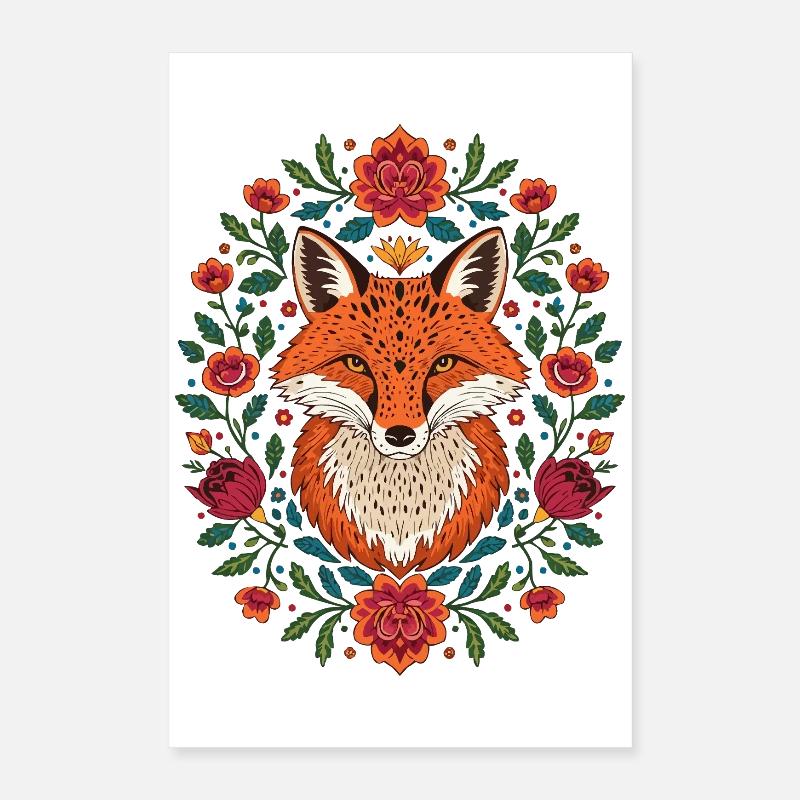Renard dans une couronne de fleurs Explosion de couleurs Poster 40 x 60 cm