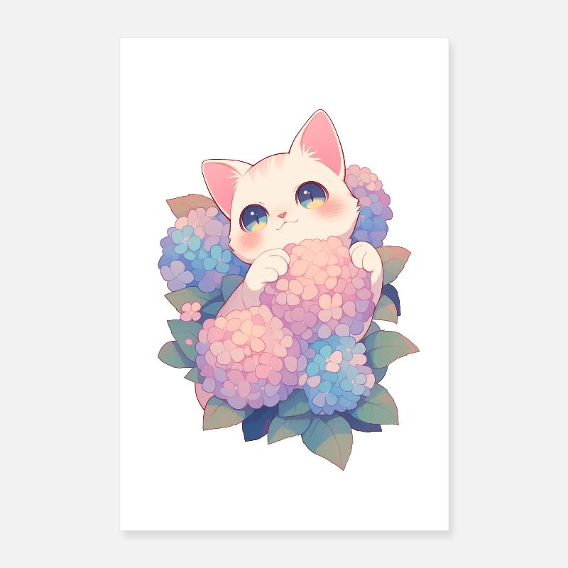 Kawaii White Cat Hydrangeas Flowers Chibi Style Poster 16" x 24" (40x60 cm)
