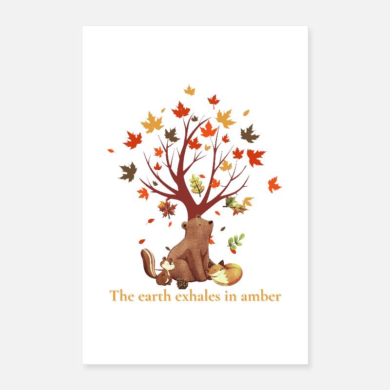 Animaux de la forêt avec arbre d’automne et dicton Poster 40 x 60 cm