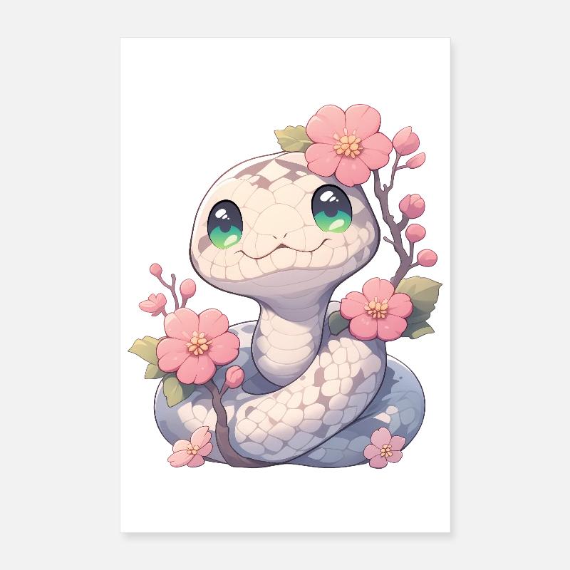 Kawaii White Snake Sakura - Année du Serpent Poster 40 x 60 cm