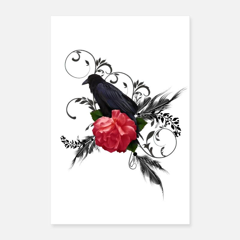 Wunderbare Krähe mit Rose - Poster 40x60 cm - Weiß