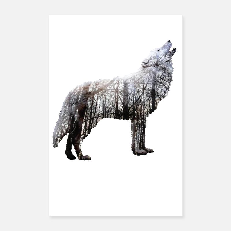 Wolf Forêt Double exposition Nature Poster 40 x 60 cm