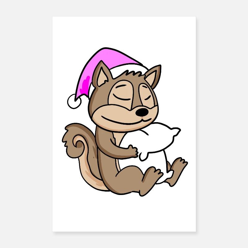 Écureuil avec oreiller et bonnet de couchage Poster 40 x 60 cm