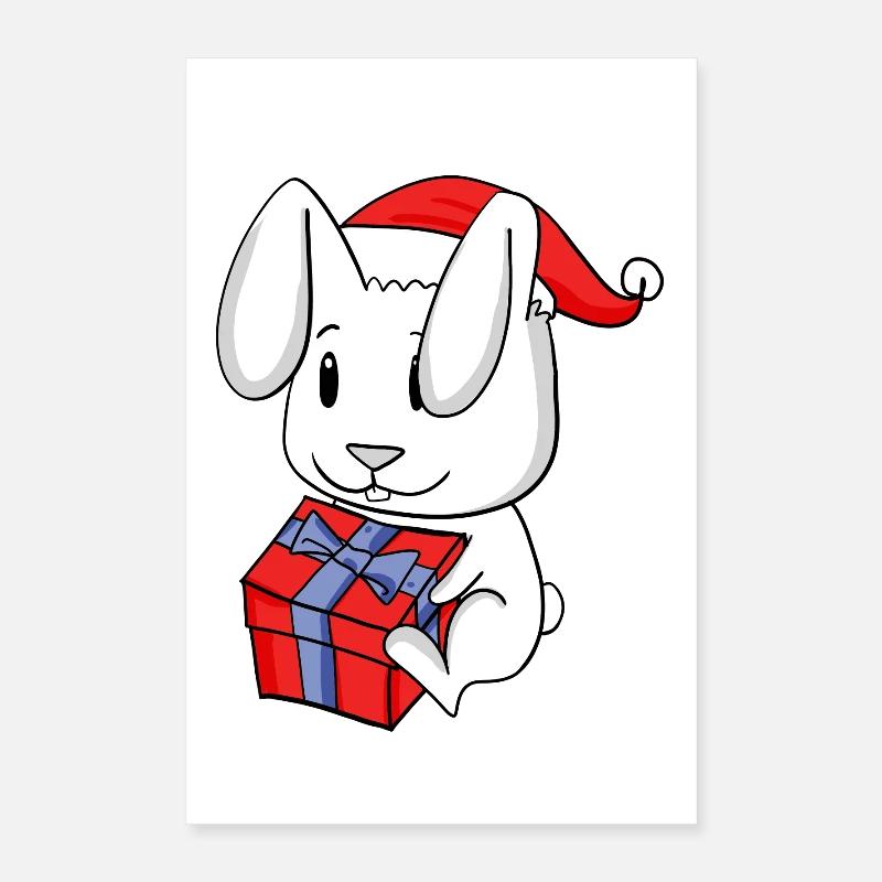 Lapin de Noël Bébé avec cadeau - Lapin Poster 40 x 60 cm