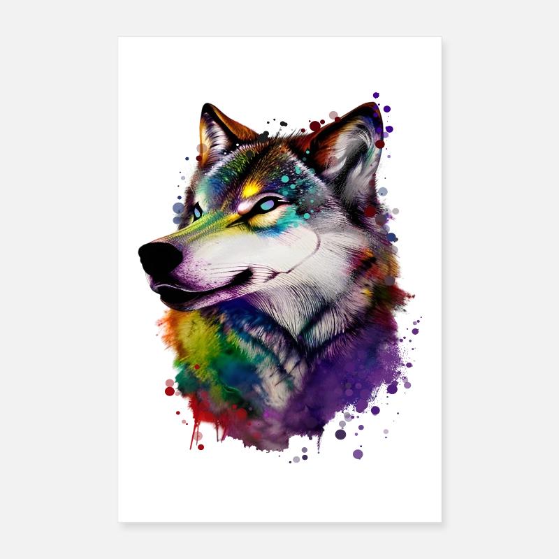 Wolfs Kopf in Regenbogen Farben Poster 40x60 cm