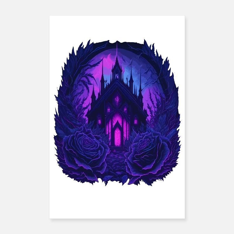 neon gothic gothic castle with roses Poster 16" x 24" (40x60 cm)