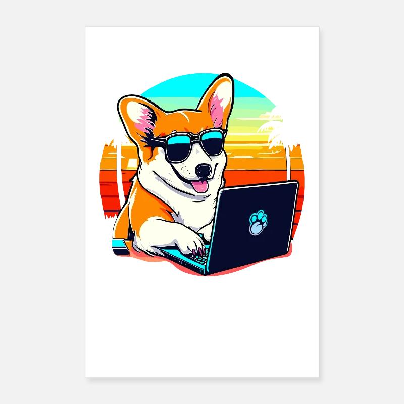 Cool Corgi Dog avec ordinateur portable et coucher de soleil Poster 40 x 60 cm
