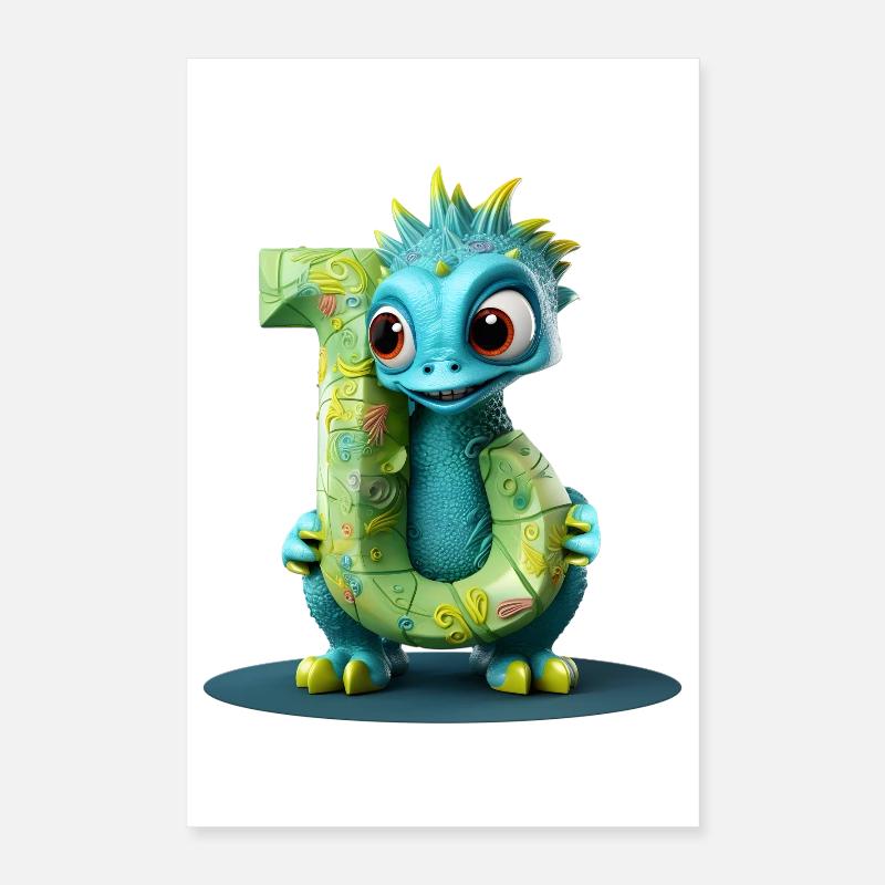 Blauer Drache mit Buchstabe J Alphabet Poster 40x60 cm