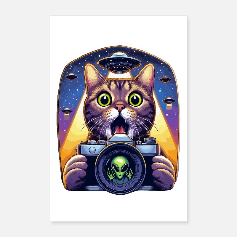 Drôle de chat effrayé avec OVNI Alien Attack 3D effet Poster 40 x 60 cm