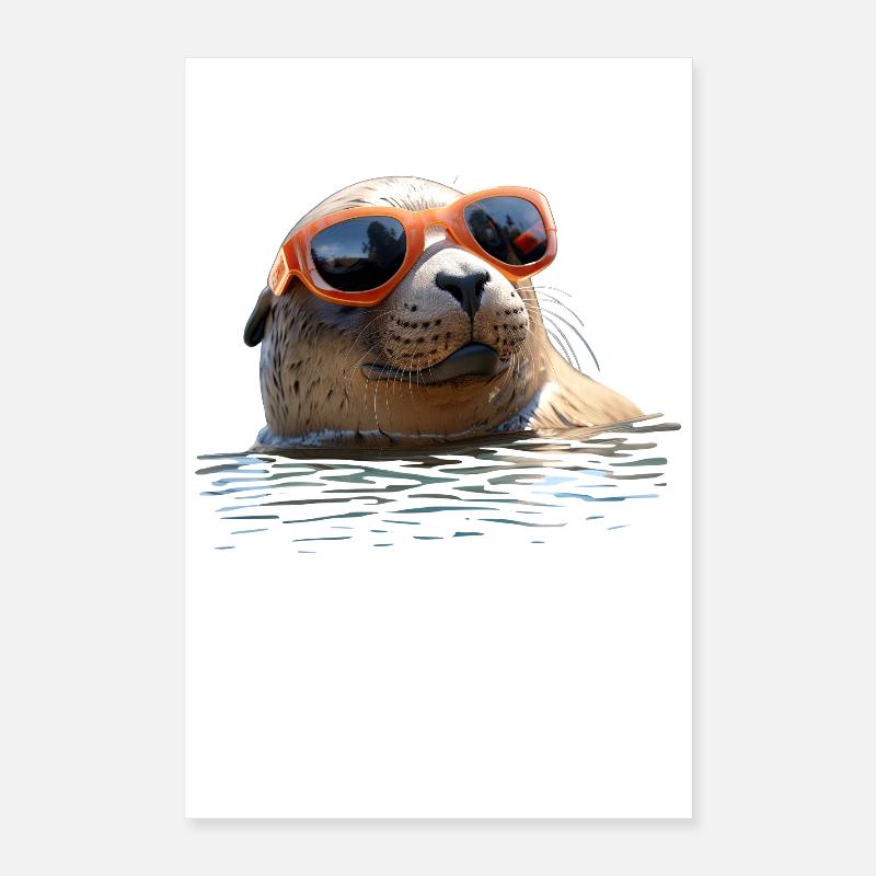 Phoque avec lunettes de soleil Phoque Morse Phoques mignons Poster 40 x 60 cm