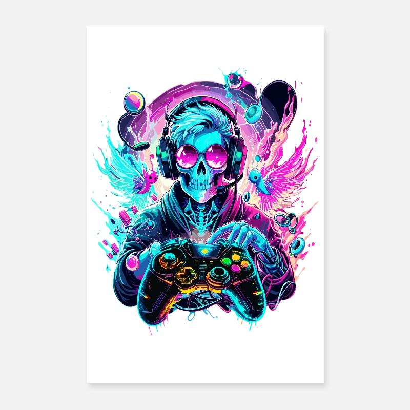 Synthwave Skull Gaming Controller Art Poster 40x60 cm