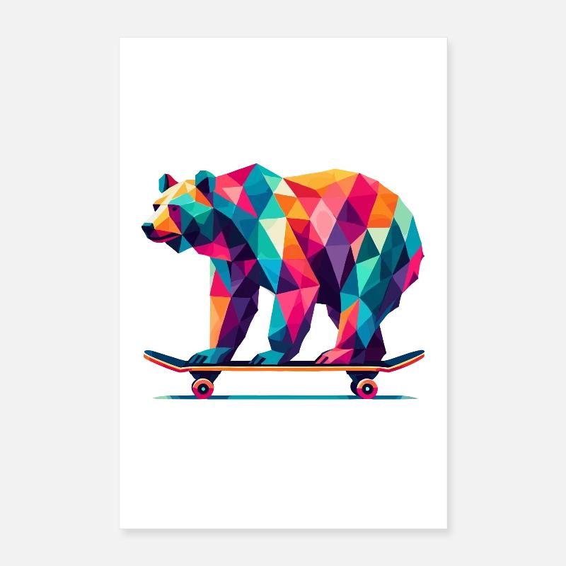 Geometrisches Polygon Bär Skateboarding Bunte Kunst Poster 40x60 cm