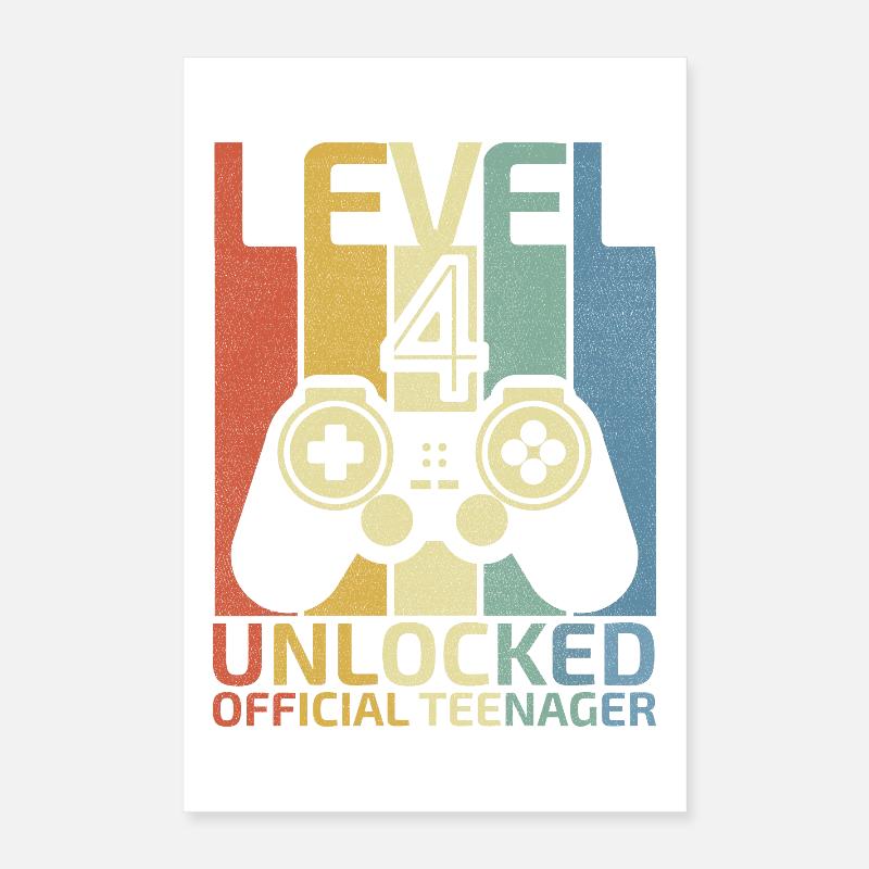 Level 4 Freigeschaltetes Hemd Video Gamer 4. Geburtstag Poster 40x60 cm